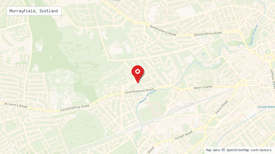 Street map of Murrayfield, Scotland with location pin