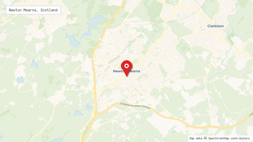 Street map of Newton Mearns, Scotland with location pin
