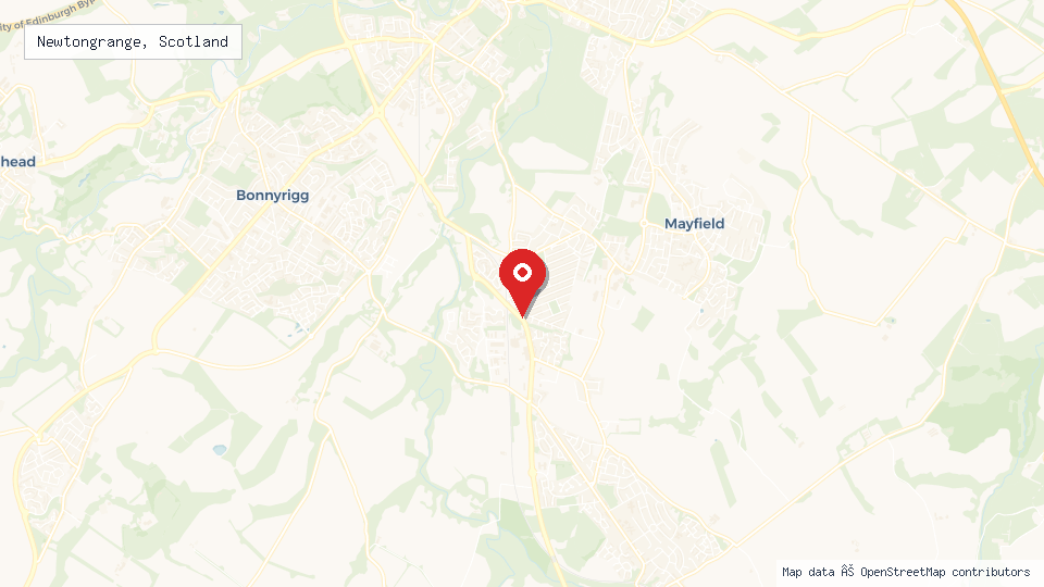 Street map of Newtongrange, Scotland with location pin