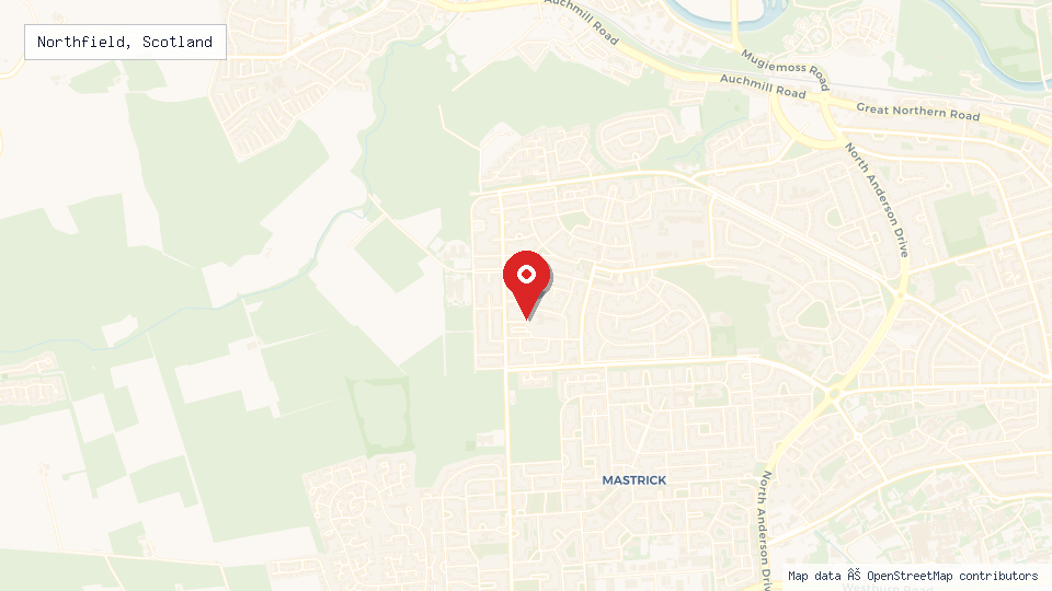 Street map of Northfield, Scotland with location pin