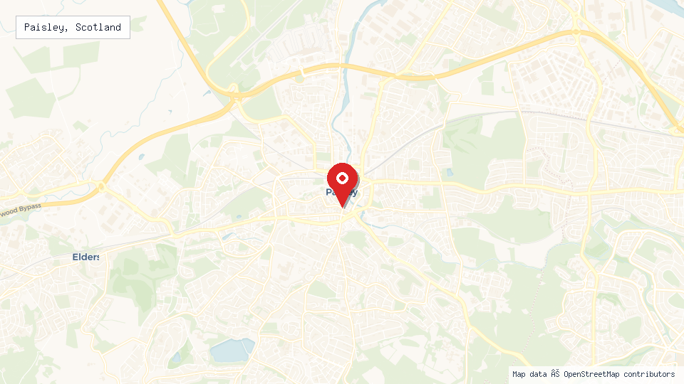 Street map of Paisley, Scotland with location pin