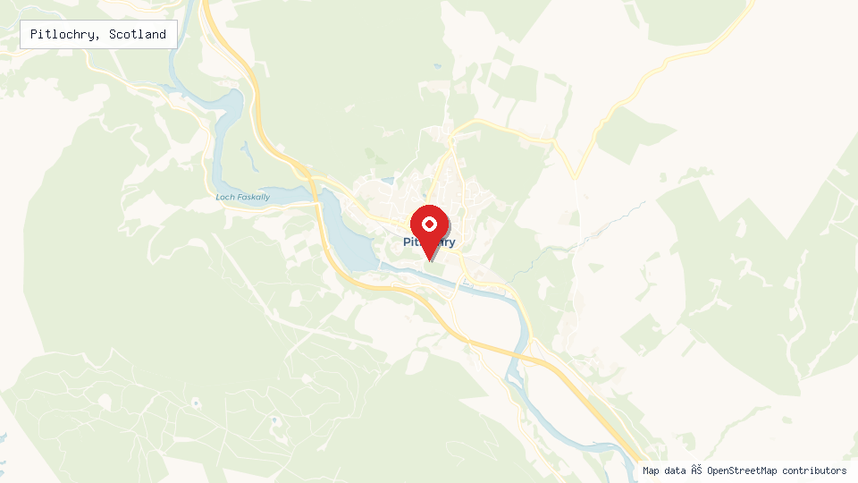 Street map of Pitlochry, Scotland with location pin