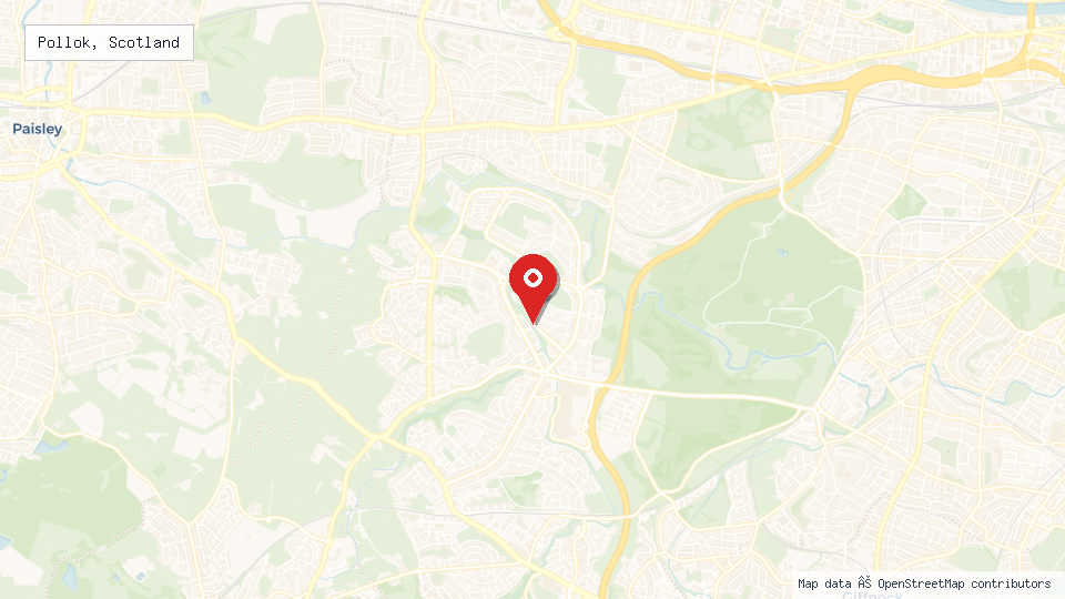 Street map of Pollok, Scotland with location pin