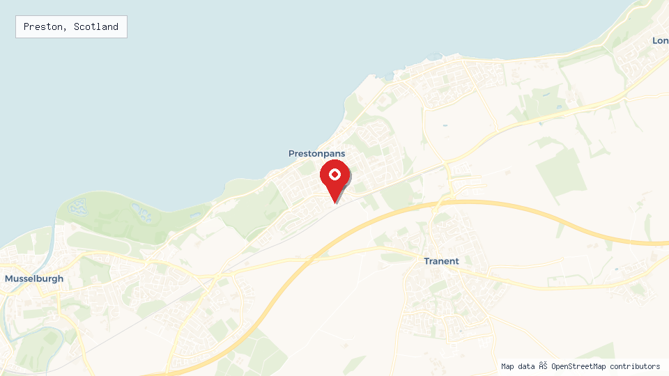 Street map of Preston, Scotland with location pin