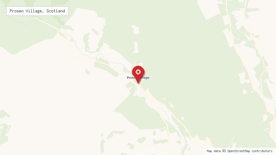 Street map of Prosen Village, Scotland with location pin