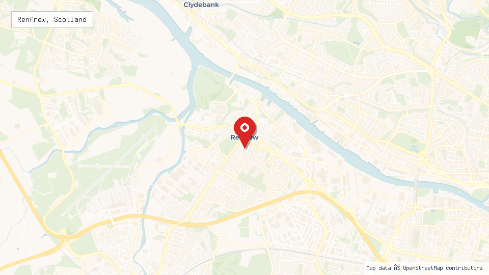 Street map of Renfrew, Scotland with location pin