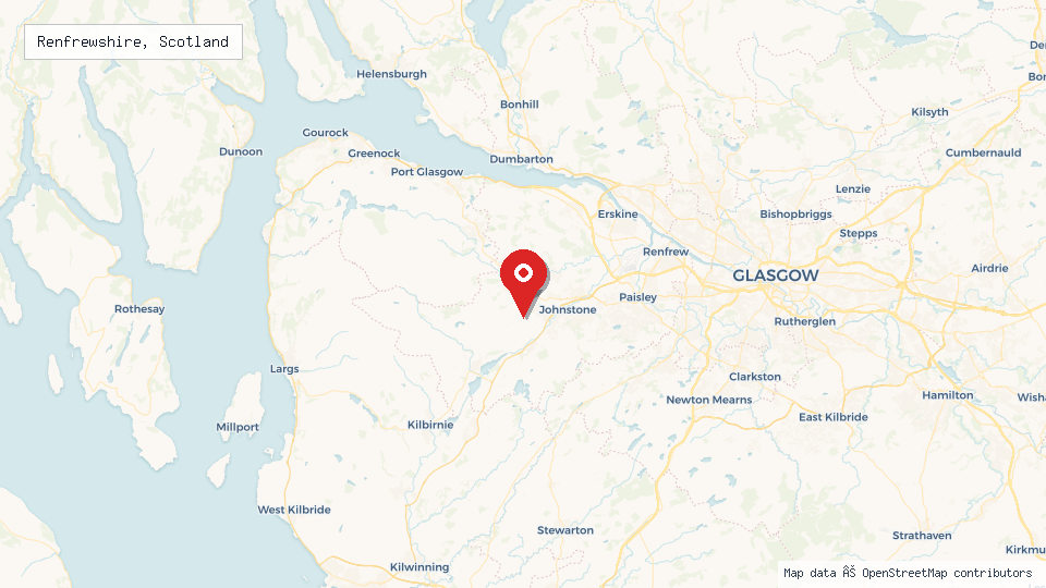 Street map of Renfrewshire, Scotland with location pin