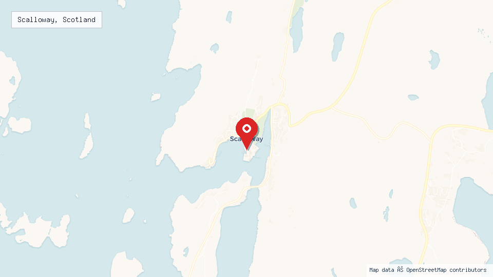 Street map of Scalloway, Scotland with location pin