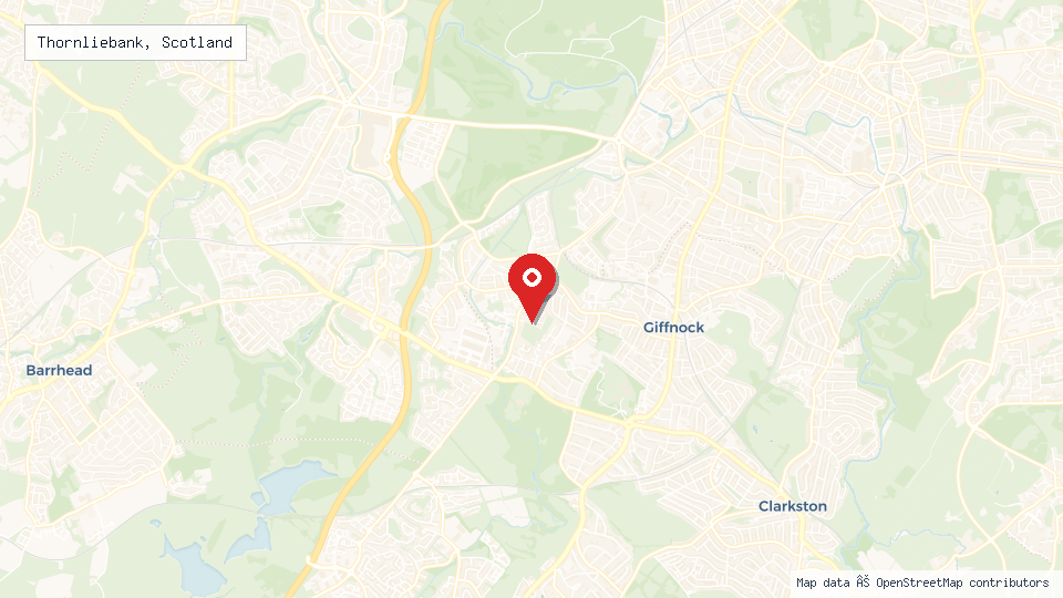 Street map of Thornliebank, Scotland with location pin