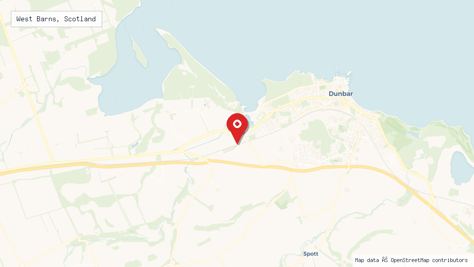Street map of West Barns, Scotland with location pin