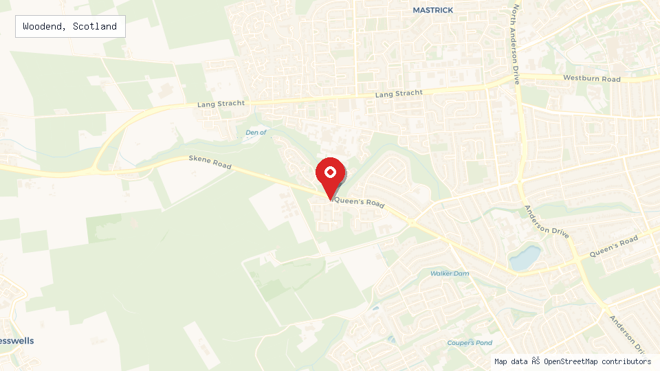 Street map of Woodend, Scotland with location pin