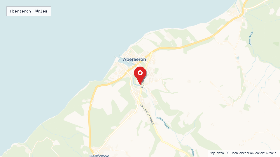 Street map of Aberaeron, Wales with location pin