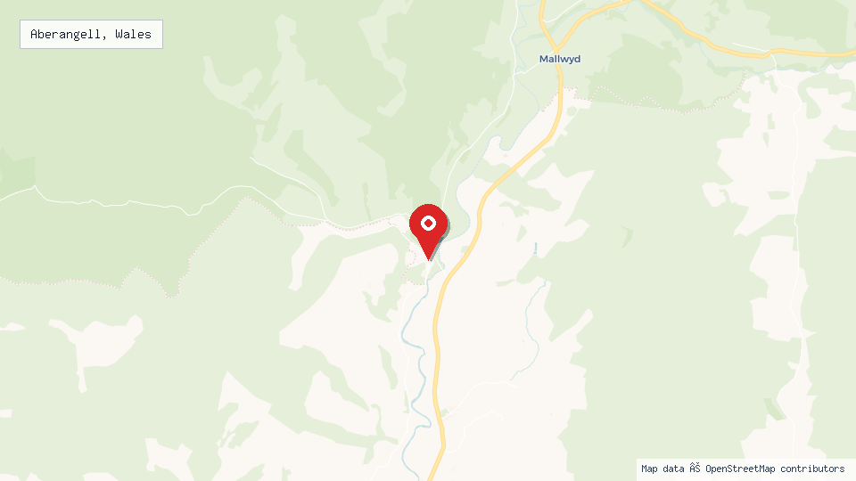 Street map of Aberangell, Wales with location pin