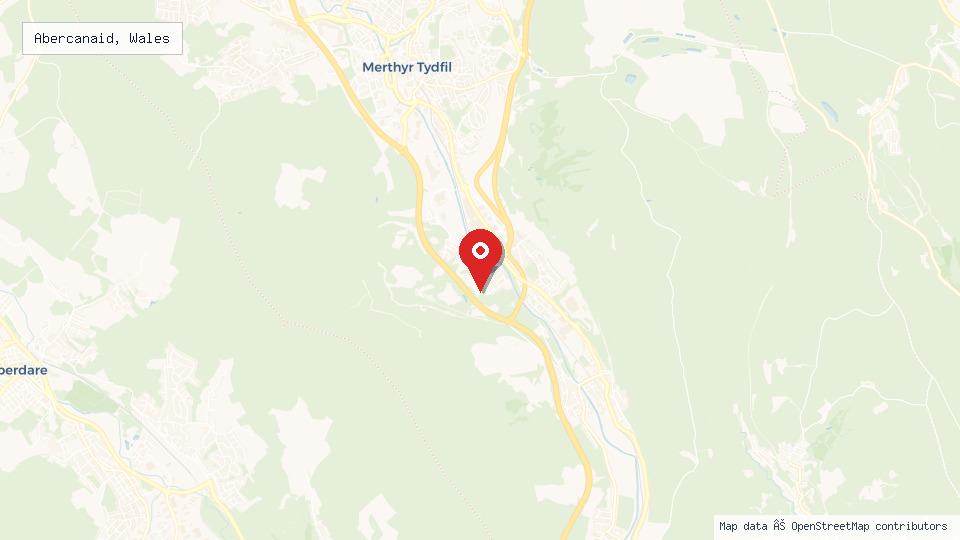 Street map of Abercanaid, Wales with location pin