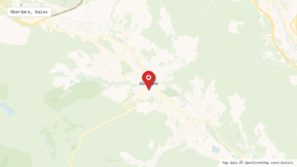 Street map of Aberdare, Wales with location pin