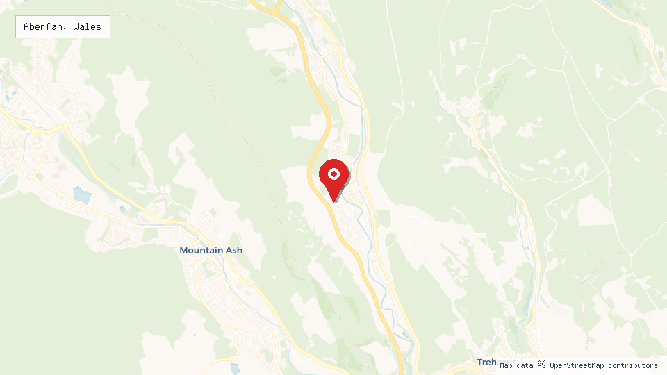 Street map of Aberfan, Wales with location pin