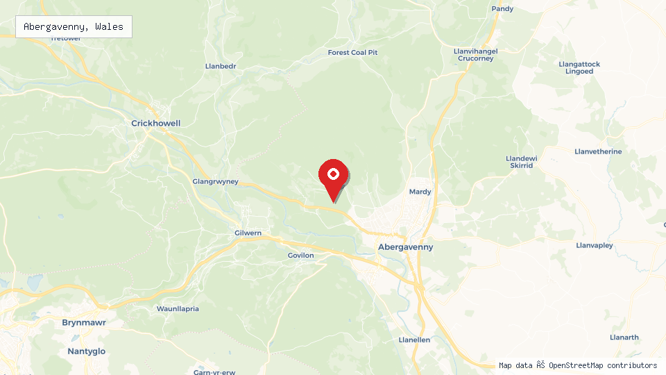 Street map of Abergavenny, Wales with location pin