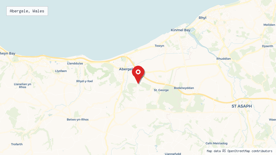 Street map of Abergele, Wales with location pin
