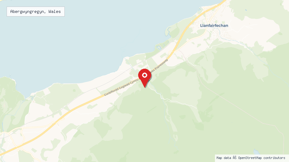 Street map of Abergwyngregyn, Wales with location pin