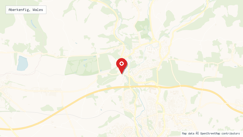 Street map of Aberkenfig, Wales with location pin
