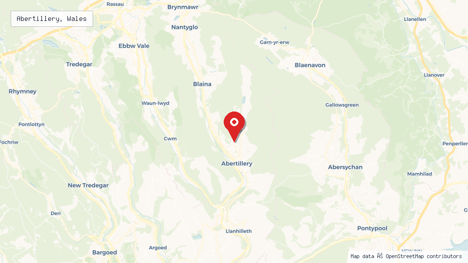 Street map of Abertillery, Wales with location pin