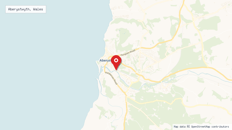 Street map of Aberystwyth, Wales with location pin