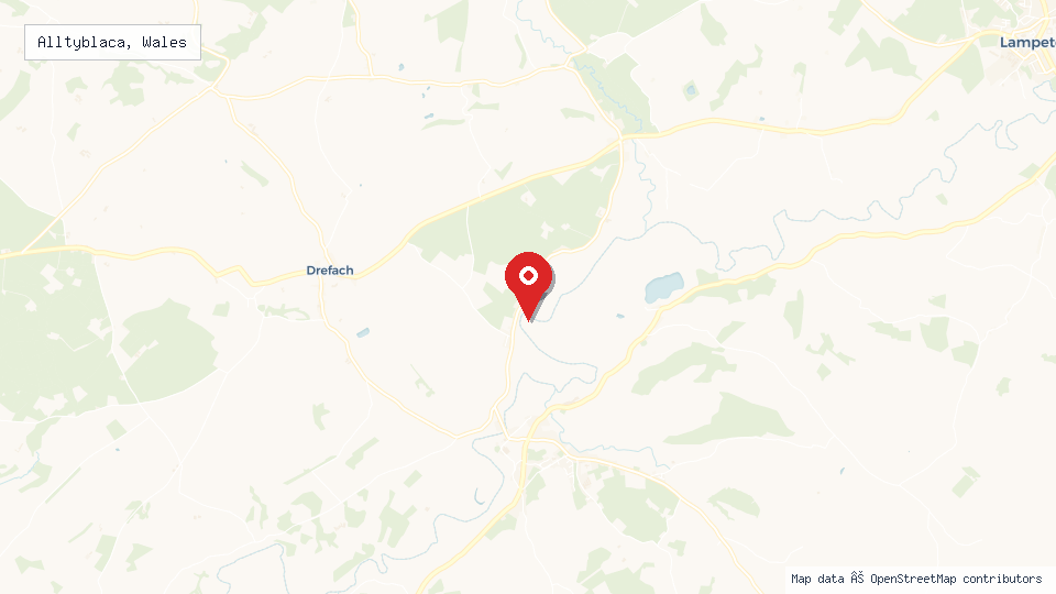 Street map of Alltyblaca, Wales with location pin