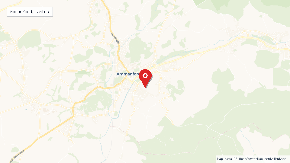 Street map of Ammanford, Wales with location pin