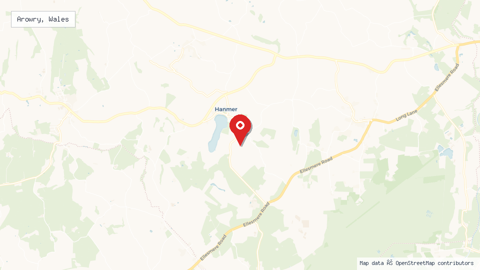 Street map of Arowry, Wales with location pin