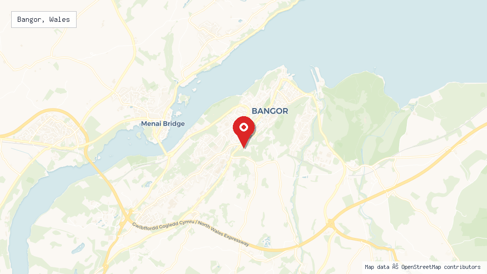 Street map of Bangor, Wales with location pin