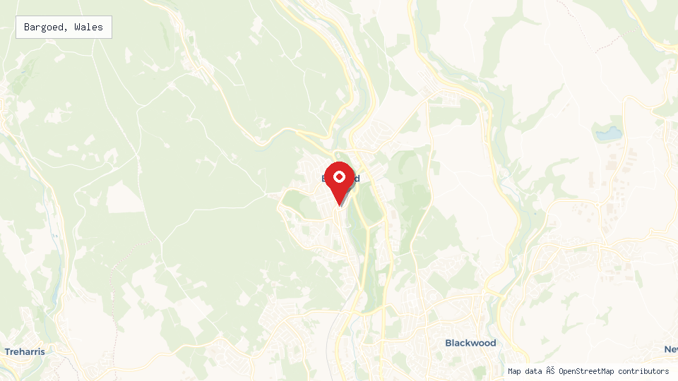 Street map of Bargoed, Wales with location pin