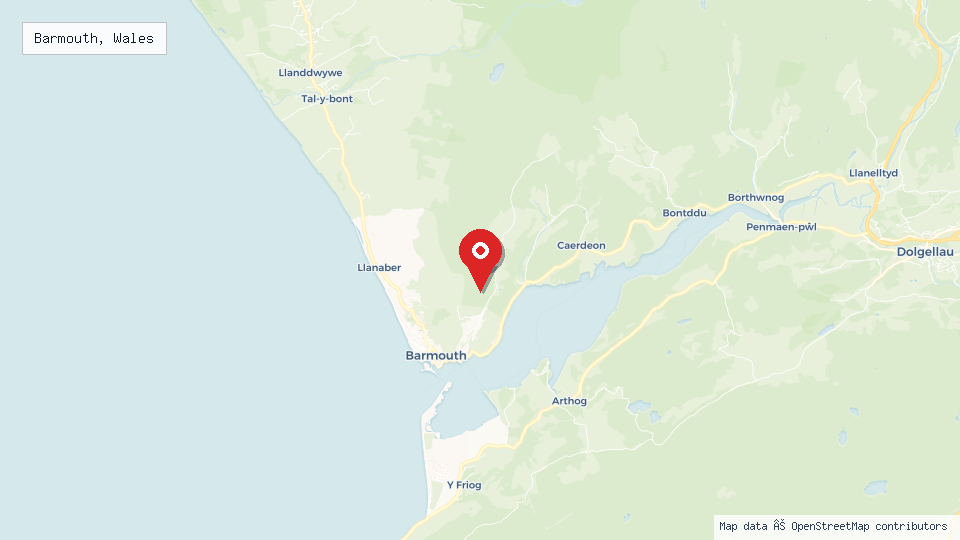 Street map of Barmouth, Wales with location pin