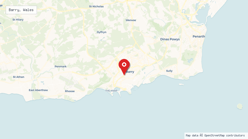 Street map of Barry, Wales with location pin