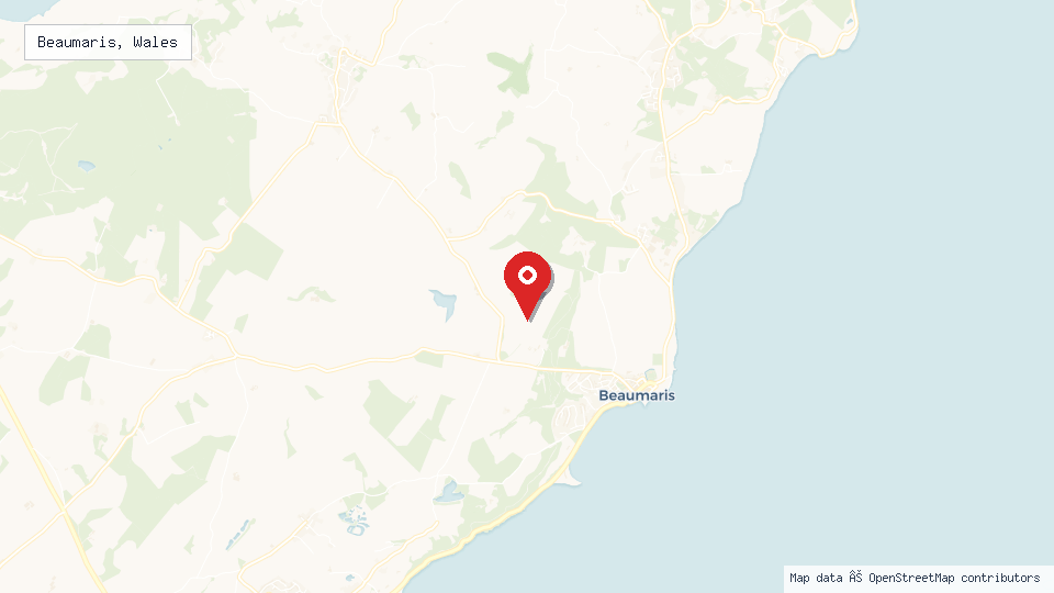 Street map of Beaumaris, Wales with location pin