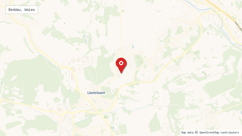 Street map of Beddau, Wales with location pin