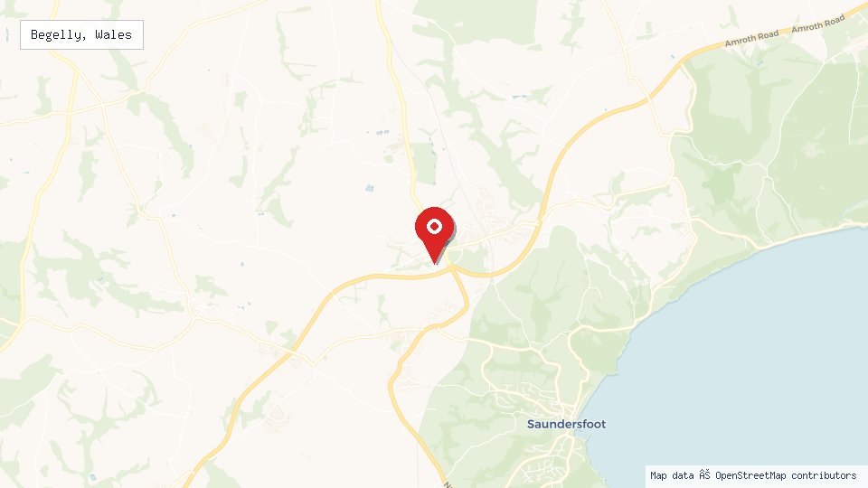 Street map of Begelly, Wales with location pin