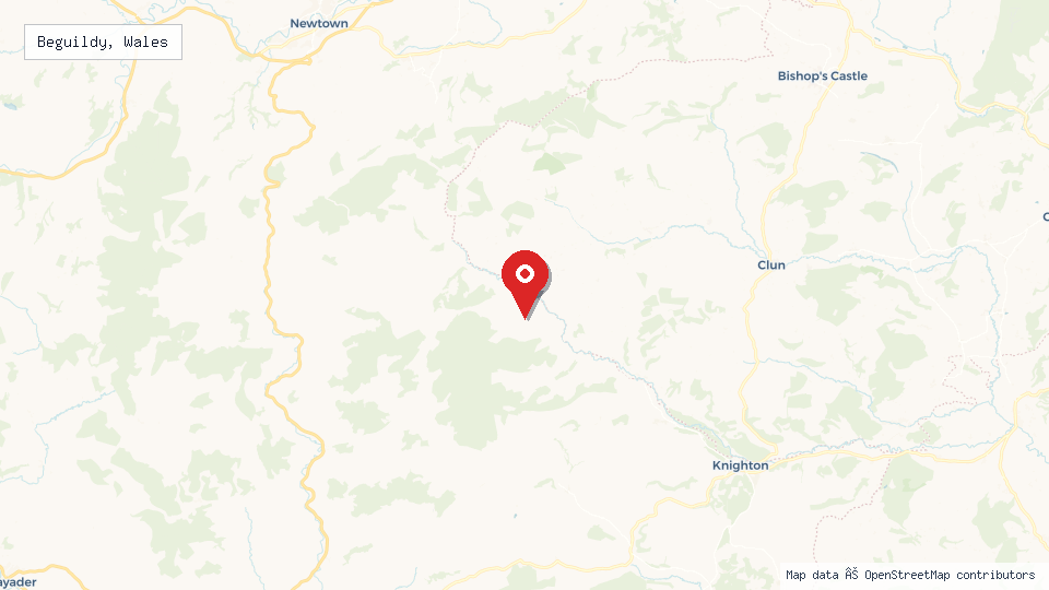 Street map of Beguildy, Wales with location pin