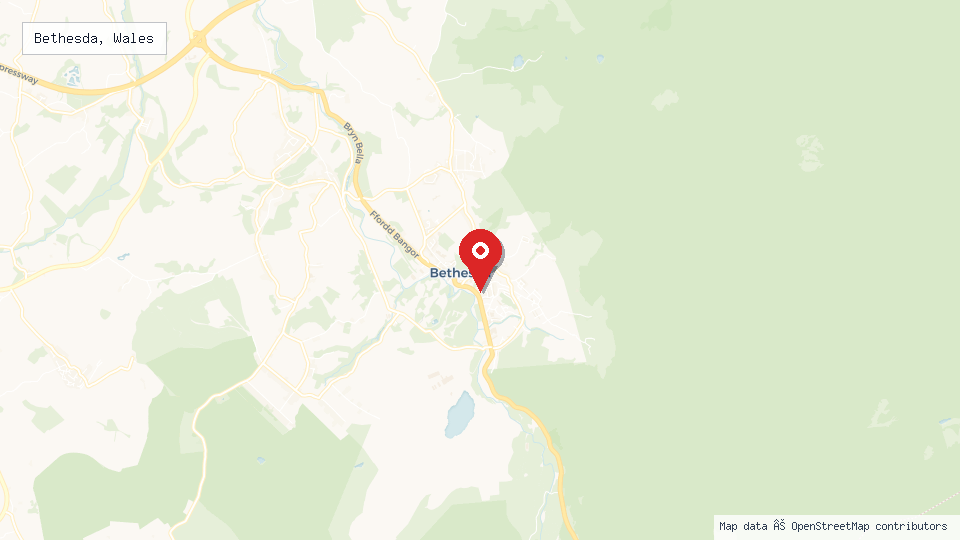 Street map of Bethesda, Wales with location pin
