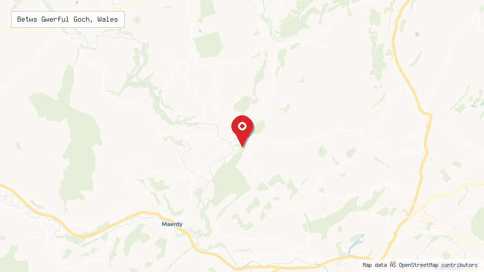 Street map of Betws Gwerful Goch, Wales with location pin