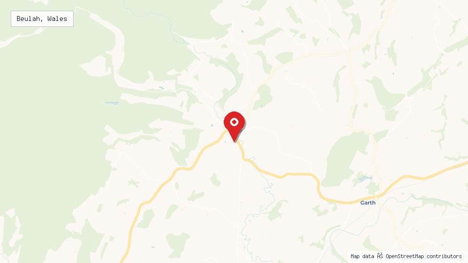 Street map of Beulah, Wales with location pin