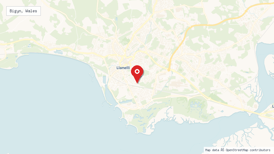 Street map of Bigyn, Wales with location pin
