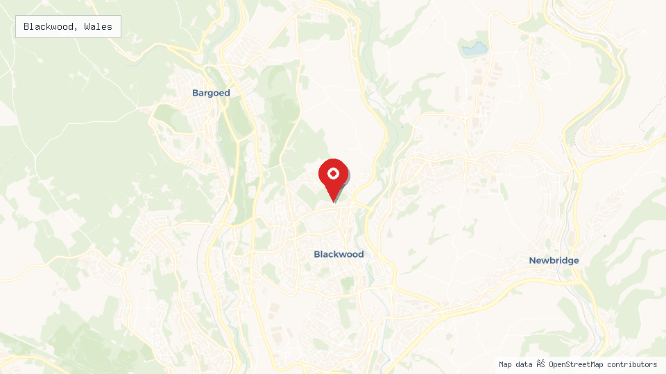 Street map of Blackwood, Wales with location pin