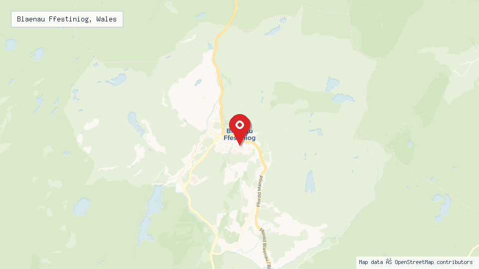 Street map of Blaenau Ffestiniog, Wales with location pin