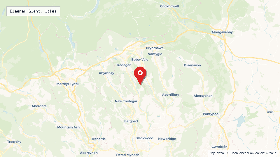 Street map of Blaenau Gwent, Wales with location pin