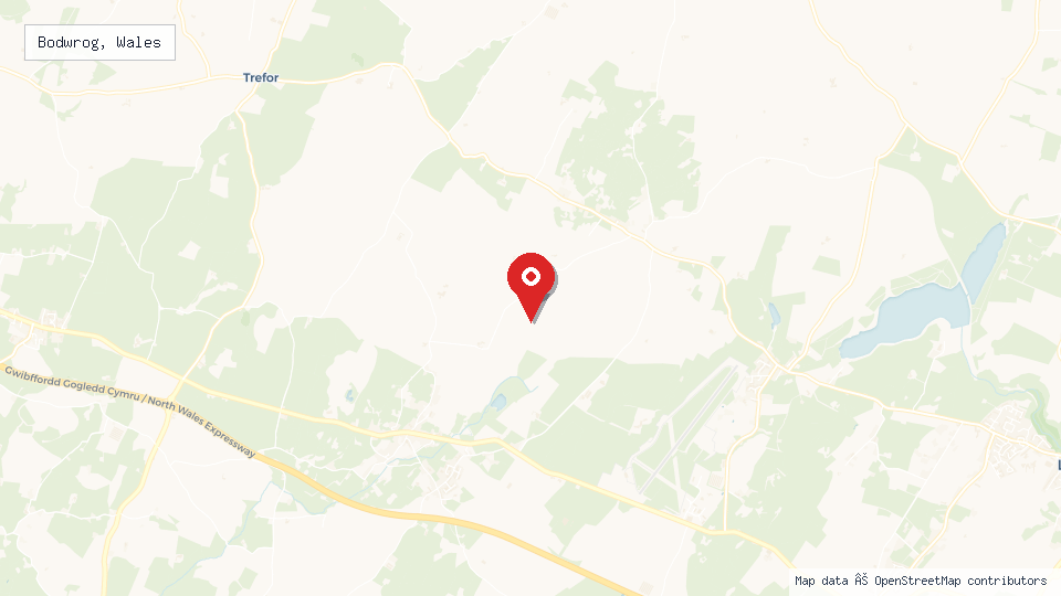 Street map of Bodwrog, Wales with location pin