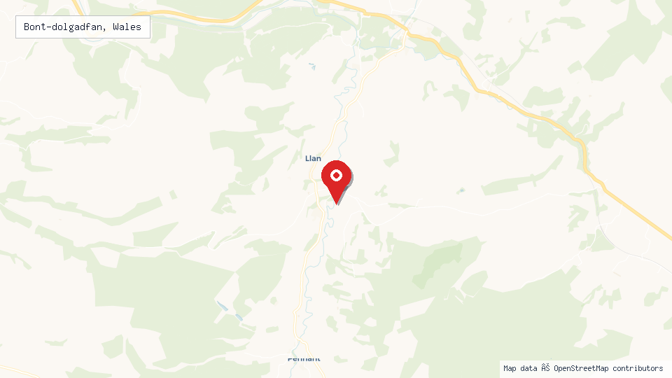 Street map of Bont-dolgadfan, Wales with location pin