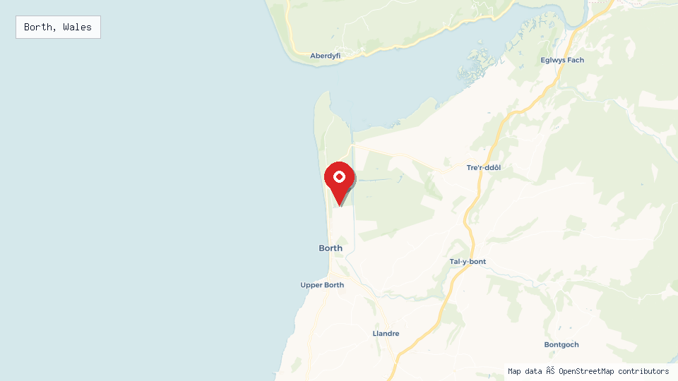 Street map of Borth, Wales with location pin