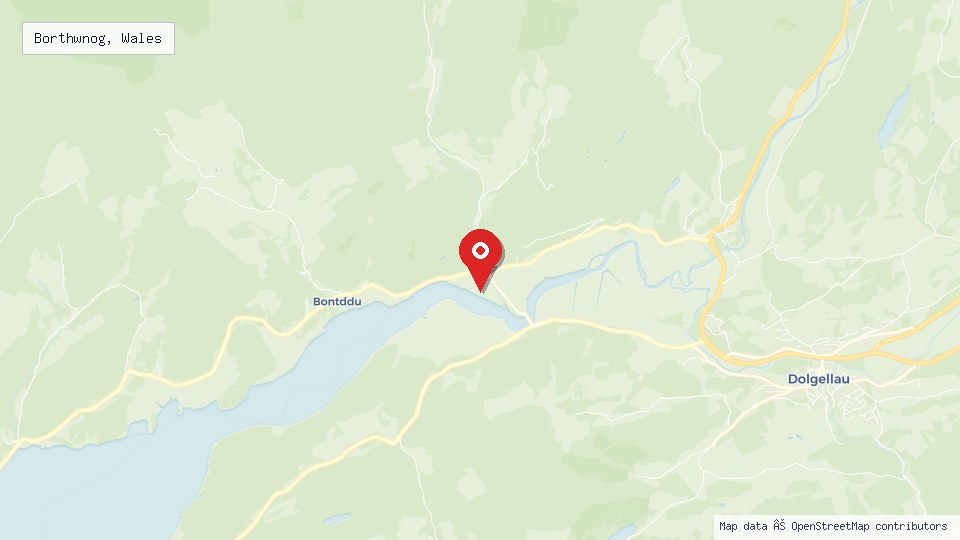 Street map of Borthwnog, Wales with location pin