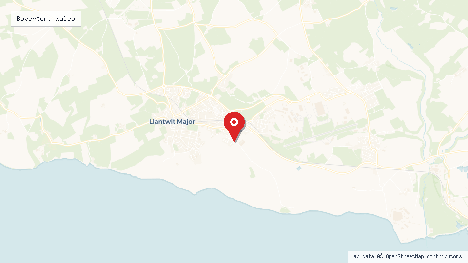 Street map of Boverton, Wales with location pin