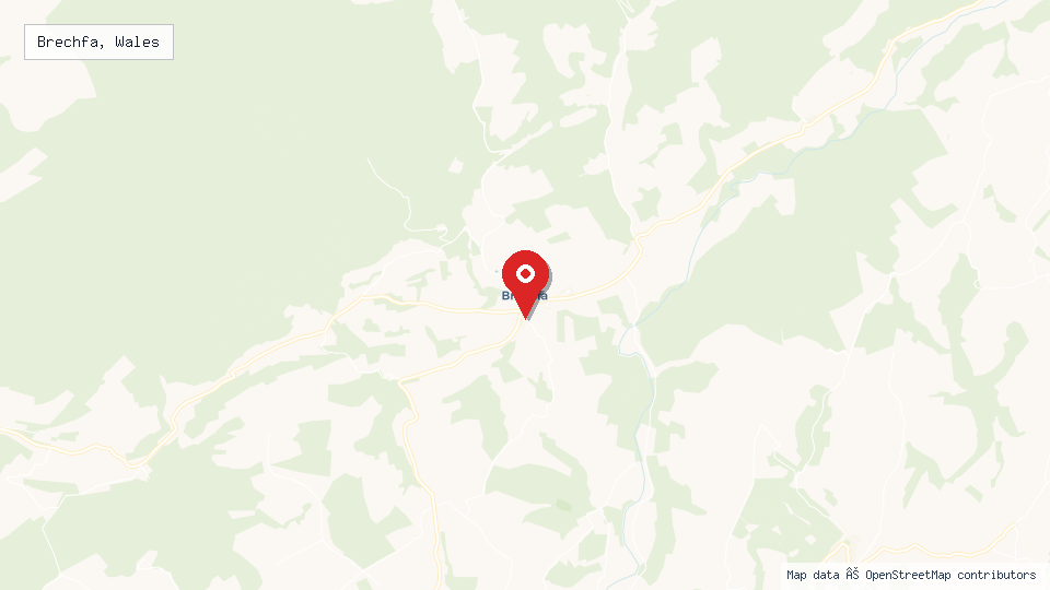 Street map of Brechfa, Wales with location pin